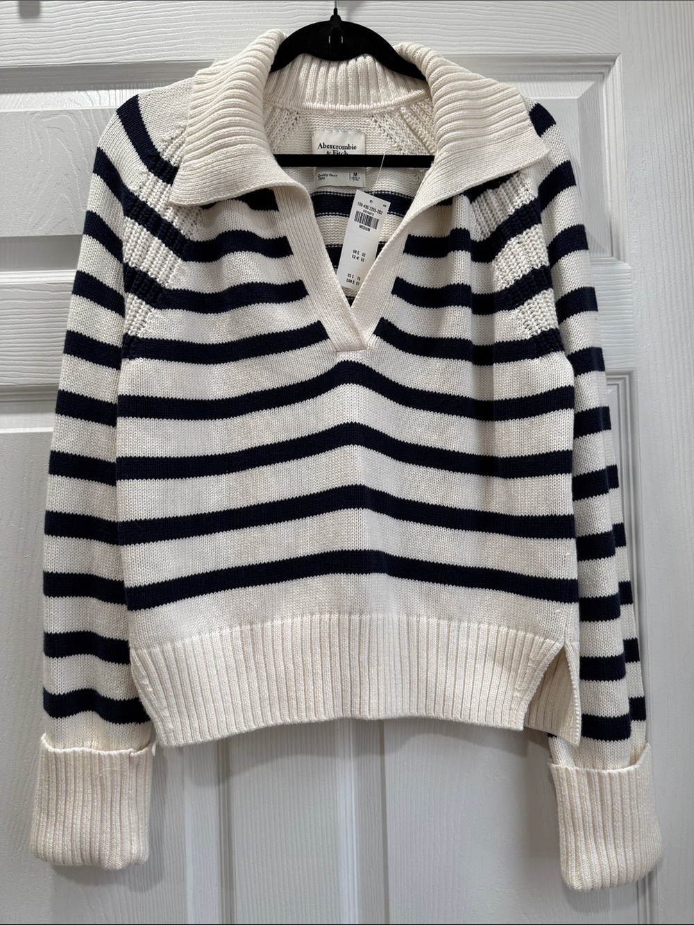 Abercrombie & Fitch Cream and Navy Striped Collared Knit Sweater